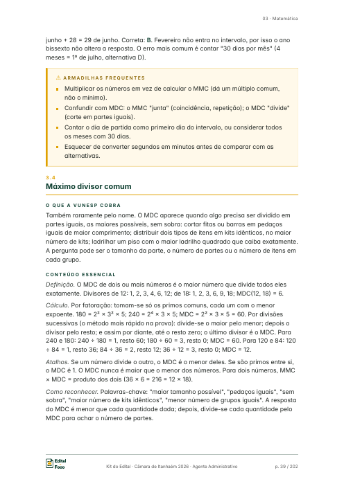 Página 39 do kit: Matemática, máximo divisor comum, exemplos e quadro de armadilhas frequentes
